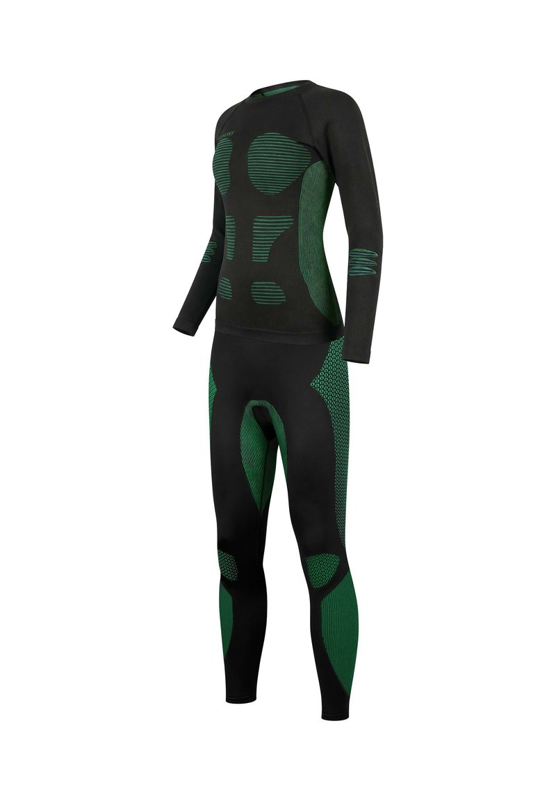 Black and green two-piece activewear set featuring long sleeves and legging style, with textured paneling and stripe patterns for breathability.