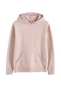 Beżowa bluza z kapturem typu pullover z długimi rękawami, przednią kieszenią kangurka i luźnym krojem, prezentowana na białym tle.