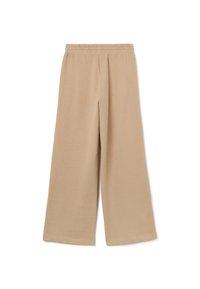 Beige weit geschnittene Hose aus weichem, leichtem Stoff. Verfügt über einen elastischen Bund und eine glatte Textur. Der Saum endet über den Knöcheln.