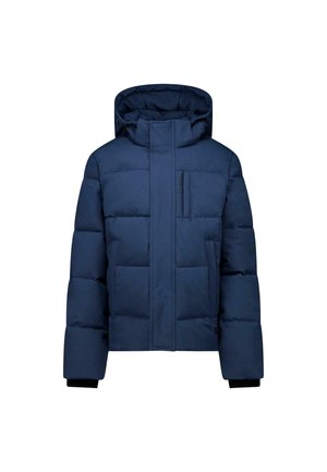 Marineblauwe gewatteerde winterjas met capuchon, ritssluiting aan de voorkant bedekt door een flap, en borstzak met rits.