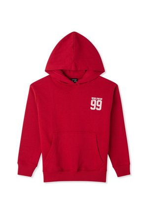 Felpa con cappuccio rossa con tasca frontale e scritta bianca "WORLDWIDE EST. 99" sulla parte alta del petto a sinistra.
