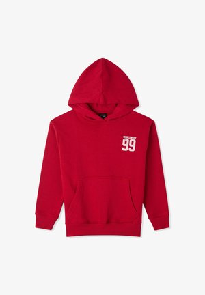 Felpa con cappuccio rossa con tasca frontale e scritta bianca "WORLDWIDE EST. 99" sulla parte alta del petto a sinistra.