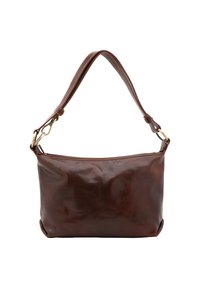 Sac épaule en cuir marron avec une texture lisse, fermeture éclair et une sangle réglable. Doté de quincaillerie dorée et de bords arrondis.