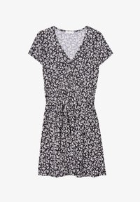 Vestido negro con patrón floral blanco, mangas cortas, escote en V, cintura elástica y cinturón de lazo. Tejido ligero, largo por encima de la rodilla.