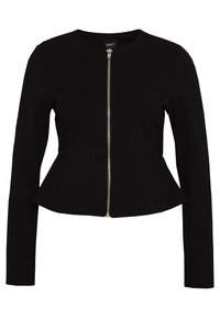Černá dámská dlouhá peplum bunda s kulatým výstřihem a stříbrným zipem na přední straně, vypasovaný pas a hladká textura látky.