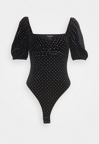 Musta samettinen bodysuit lyhyillä puffi-hihoilla, jossa on ryppy etuosa ja hajallaan metallipistekuvio. Korkeat lahkeiden aukot.