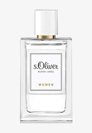 Flacon de parfum en verre rectangulaire transparent étiqueté "s.Oliver Black Label Women" avec un bouchon blanc et une bague d'accent dorée.