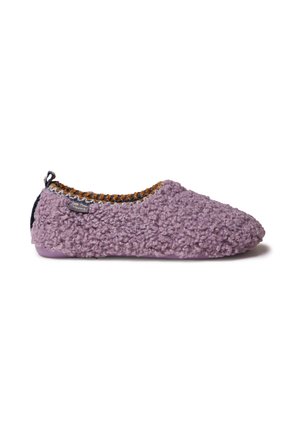 Purple fuzzy slipper with a textured fabric upper, elasticized collar, and a flat sole. Features a small tag on the side and a durable construction.