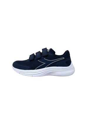Scarpe da ginnastica navy con tomaia in mesh testurizzato, suola bianca e tre cinturini in Velcro regolabili per una vestibilità sicura. Accenti argento sottili.