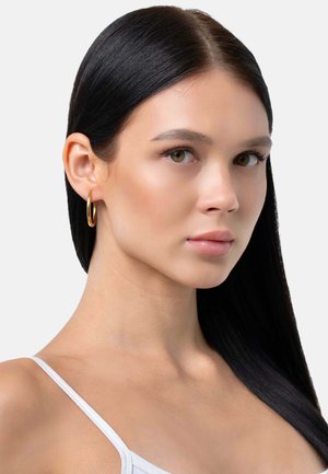 Orecchino a cerchio d'oro su una modella con capelli lunghi, lisci e neri. La modella ha un incarnato liscio e indossa un top bianco senza maniche.