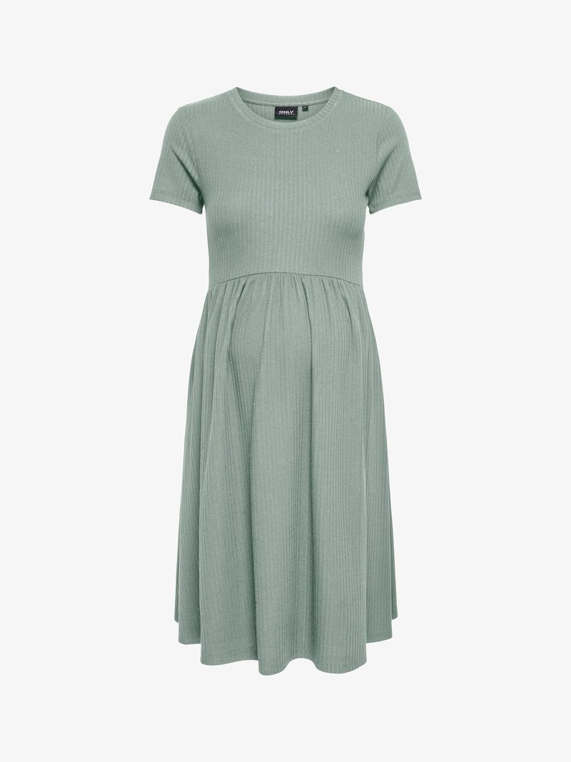 Robe de maternité côtelée vert sauge à manches courtes avec corsage ajusté et jupe froncée, longueur genou.