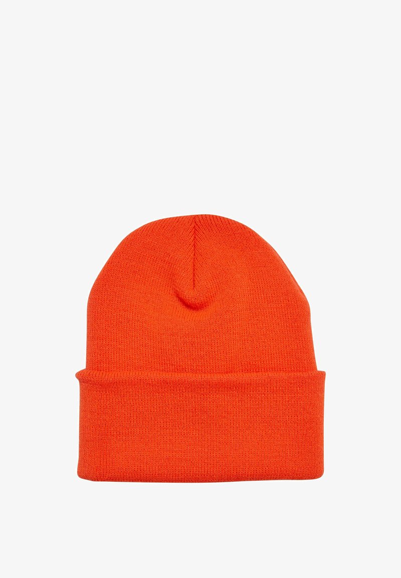 Knitted beanie in bright orange, featuring a folded cuff and a slightly tapered top, made from a soft, textured fabric.