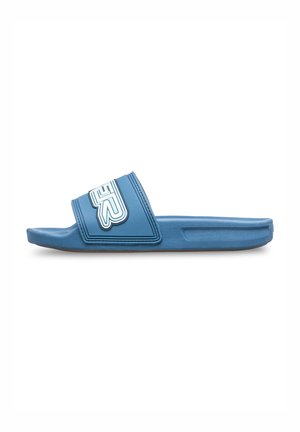 Sandale bleue à glissière avec un footbed texturé, une large sangle avec un logo blanc et une semelle plate. Fabriquée en matériau synthétique durable.