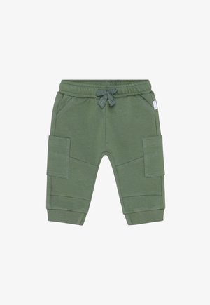 Zielone bawełniane spodnie dresowe z elastycznym pasem, plecionym sznurkiem, bocznymi kieszeniami oraz dwoma kieszeniami typu cargo z przeszyciami dekoracyjnymi.