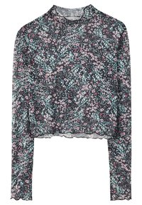 Top lungo trasparente nero a maniche lunghe con un motivo floreale di piccoli fiori rosa e blu. Presenta un orlo ondulato e un design a collo alto.