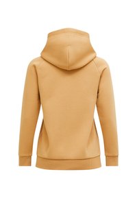 Hættebluse i en varm tan-farve, fremstillet af blødt stof. Har en kænguru-lomme, ribbede manchetter og et enkelt, afslappet design.