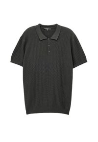 Donkergroen geribbelde polo met korte mouwen, een klassieke kraag, een drieknoopssluiting en een gestructureerde stof met verticale lijnen.