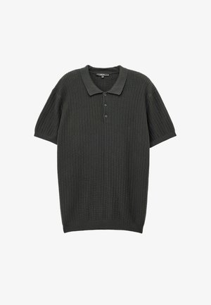 Dark green ribbed short-sleeve polo shirt with a classic collar, three-button placket, and textured fabric featuring vertical stripes.