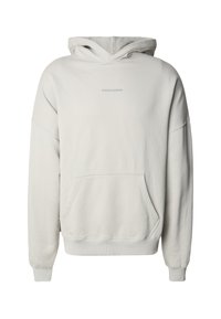 Světlounce šedá bavlněná mikina s kapucí, přední kapsou, stahovací šňůrkou na kapuci, žebrovanými manžetami a malým nápisem "PEGADOR" na hrudi.