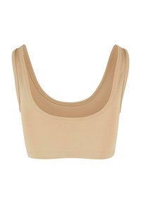 Beige bralette med scoop-hals, brede stropper og sømløst design, laget av myk og elastisk stoff.