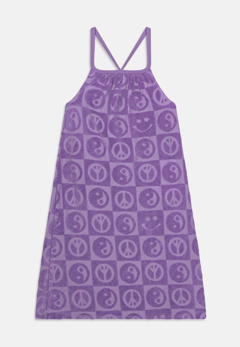 Abito senza maniche di colore viola con spalline regolabili, caratterizzato da un motivo di simboli di pace, faccine sorridenti e yin-yang disposti a griglia.