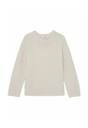 Roomkleurige gebreide trui met een ronde hals, geribbelde boorden en zoom. Gemaakt van zachte stof met een gladde textuur en een ontspannen pasvorm.