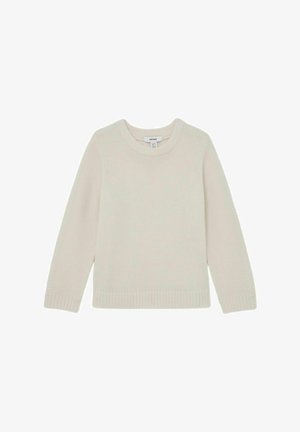 Kremowy sweter dziany z okrągłym dekoltem, ściągaczami na rękawach i u dołu. Wykonany z miękkiej tkaniny o gładkiej fakturze, o luźnym kroju.