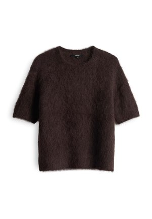 Brown short-sleeve sweater made of soft, fuzzy material with a round neckline and a relaxed fit. Textured surface with a slight sheen.