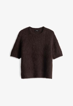 Bruine, korte mouwen trui van zacht, harig materiaal met een ronde halslijn en een losse pasvorm. Gelaagd oppervlak met een lichte glans.
