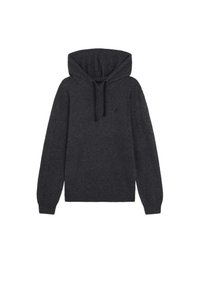 Sudadera con capucha de color gris oscuro, confeccionada con un material suave, que cuenta con una capucha grande, mangas largas y un pequeño detalle de logo en el pecho.