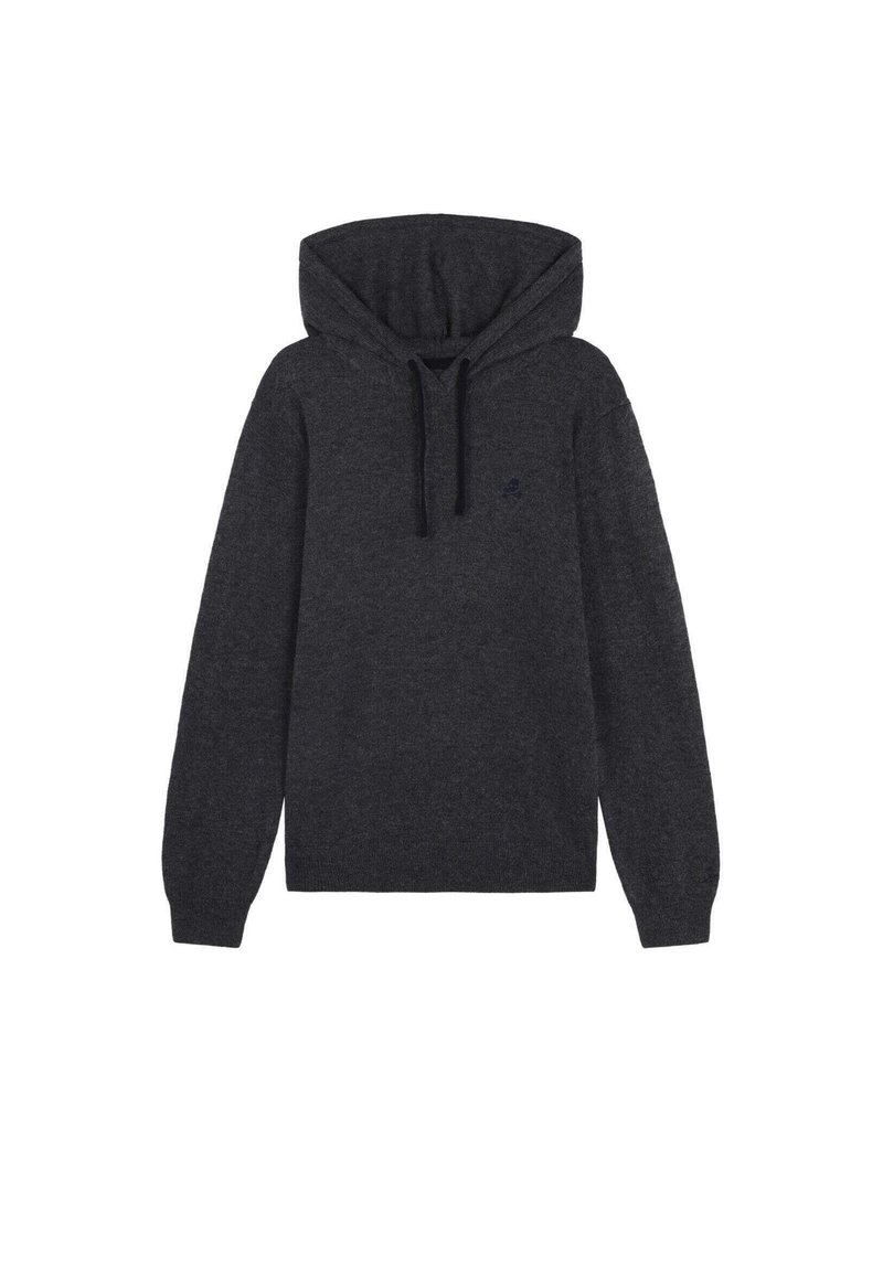 Sudadera con capucha de color gris oscuro, confeccionada con un material suave, que cuenta con una capucha grande, mangas largas y un pequeño detalle de logo en el pecho.