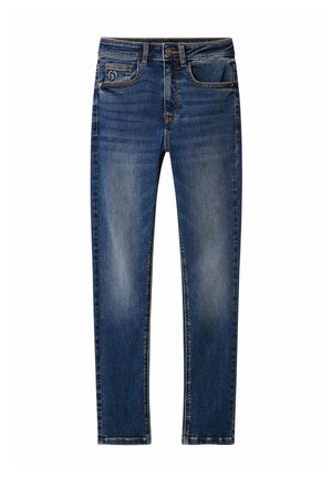 Jeans i mörkblå denim med en urtvättad finish. Funktioner inkluderar fem fickor, knappstängning och kontrasterande sömmar längs sömmarna.