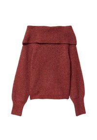 Maglione rosso scollato con lavorazione a maglia testurizzata, maniche lunghe e orlo ripiegato. Il materiale sembra morbido con una leggera lucentezza.
