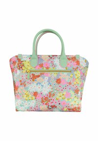 Borsa tote floreale con un motivo multicolore, dotata di manici in pelle verde menta e una tasca frontale con zip gialla.