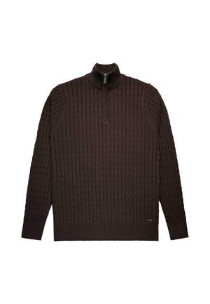 Hnědý pletený svetr s rozepínacím stojáčkem, strukturovaným vzorem se zvýrazněnými diamanty a dlouhými rukávy. Nastavitelný límec.