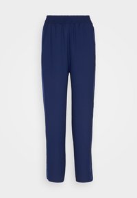Pantalons en tissu lisse à taille élastique bleu marine avec une coupe droite. Aucun motif ni matériel visible.