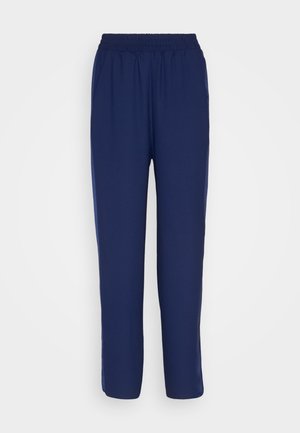 Temno modri hlače z elastičnim pasom in ravnim krojem, narejene iz gladke tkanine. Brez vidnih vzorcev ali dodatkov.