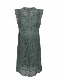 Grünes Spitzenkleid mit rundem Ausschnitt, Flatterärmeln, gewelltem Saum und Blumendrucken. Keyhole-Design auf der Rückseite. Leichter, strukturierter Stoff.