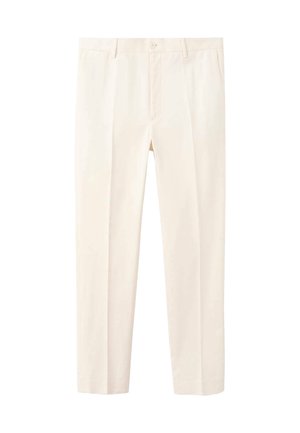 Cremefarbene Hose mit geradem Schnitt, ausgestattet mit vorderen Falten, Gürtelschlaufen und Knopfverschluss. Hergestellt aus einem glatten, strukturierten Stoff.
