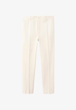 Pantaloni color crema con vestibilità dritta, caratterizzati da pieghe frontali, passanti per la cintura e chiusura con bottone. Realizzati in un tessuto liscio e testurizzato.