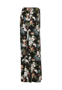 Sorte bukser med brede ben med tropisk blomstermønster i hvide, pink, grønne og blå nuancer, med elastisk taljebånd.