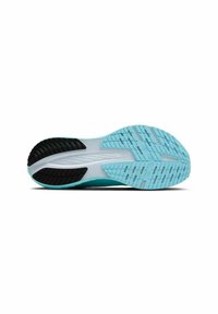 Leichte Laufschuhsohle aus mintgrünem und schwarzem Gummi mit strukturierten Mustern für Haftung und Stabilität. Glattes, geschwungenes Design.