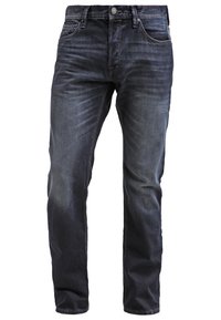 Jeans de denim azul oscuro con corte recto, que cuentan con cinco bolsillos, cierre de botón y un sutil desgaste en la parte frontal para un contraste de textura.