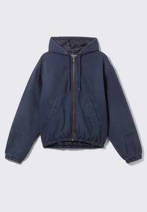 Navy blue hooded jacket with elastic cuffs and waistband, featuring a front zipper and two side pockets. Smooth fabric with a matte finish.