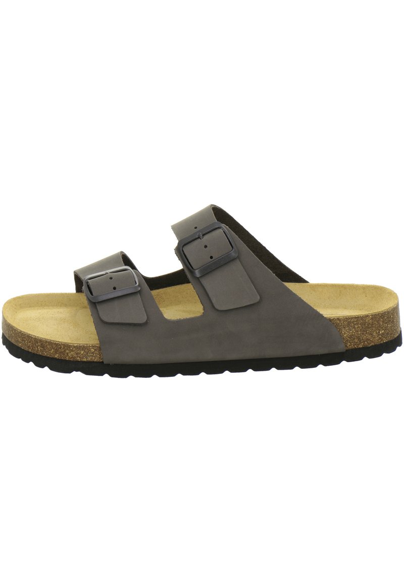 Gray suede two-strap sandal with adjustable buckles, cork footbed, and black rubber outsole. Textured surface, open design for breathability.