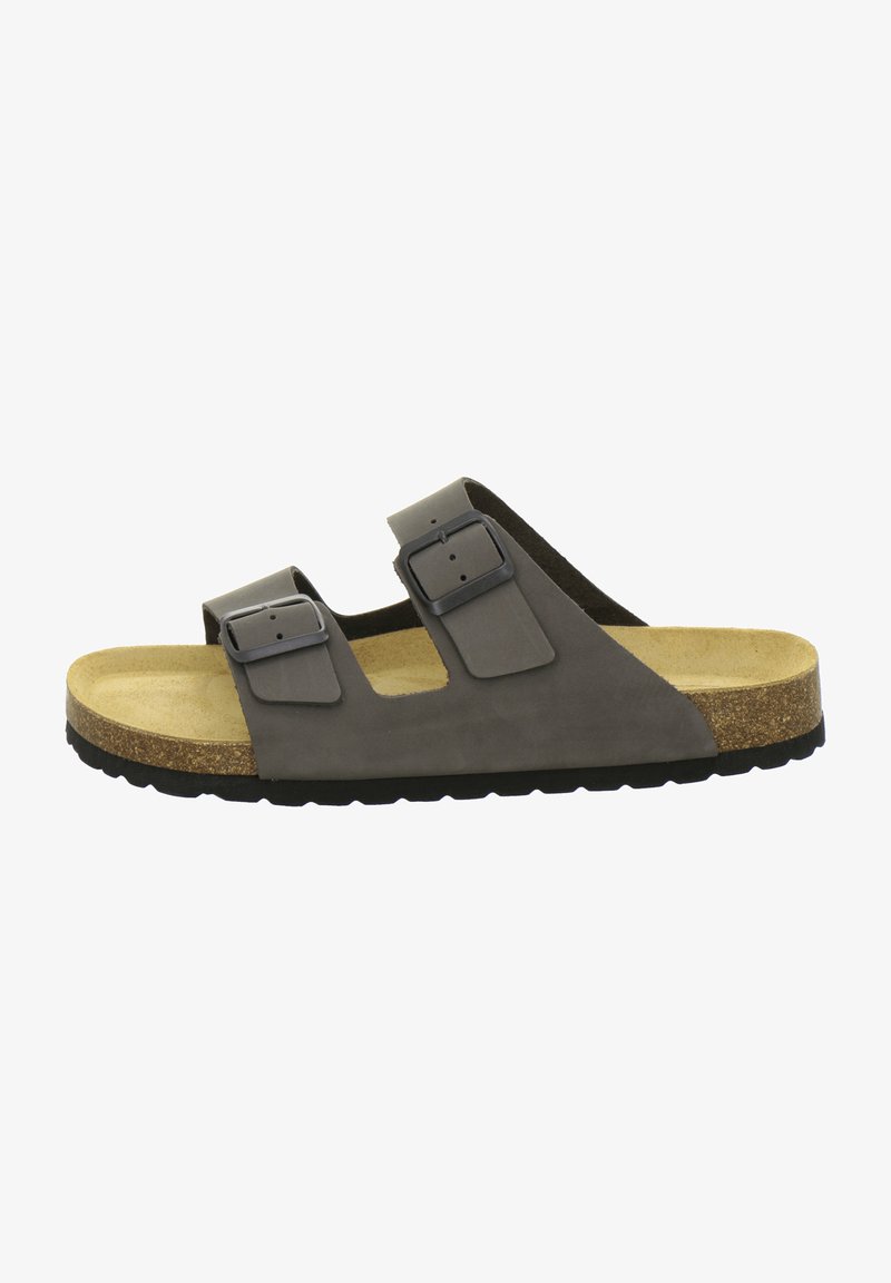 Gray suede two-strap sandal with adjustable buckles, cork footbed, and black rubber outsole. Textured surface, open design for breathability.