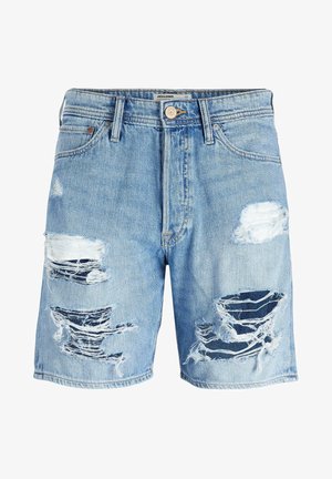 Blaue Jeans-Shorts mit Used-Details, einschließlich großer Risse und ausgefranster Kanten. Verfügen über das klassische Fünf-Taschen-Design und einen Metallknopf.