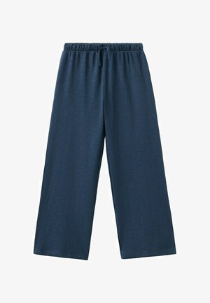 Pantalon large bleu marine avec taille élastique et cordon de serrage, en tissu doux pour un usage décontracté.