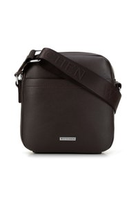 Borsa a tracolla in pelle marrone con forma quadrata, superficie texturizzata, tracolla regolabile con il nome del marchio "WITTCHEN" impresso. Finiture in metallo argentato.