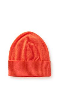 Berretto lavorato a maglia rosso con risvolto a coste, texture morbida e cima arrotondata. Realizzato in materiale leggero, adatto per un look casual.